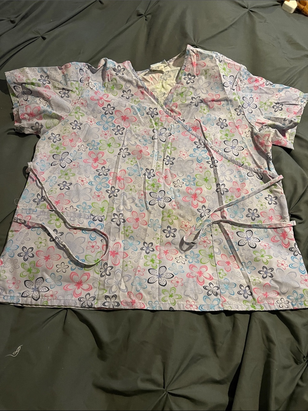 Kids Floral Print Wrap Top scrubs Shirt - White with Pink, Blue & Green Flowers